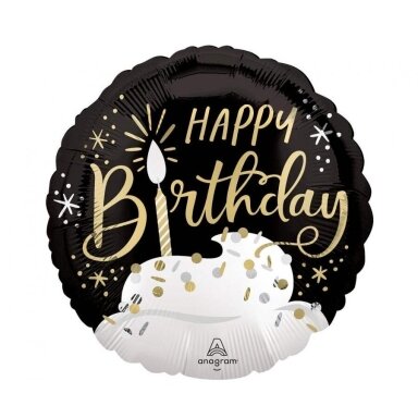 Folinis balionas juodas apvalus ''Happy Birthday, su žvakute''