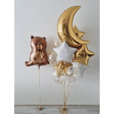 Helio balionų puokštė ''Mėnulis su žvaigždutėm ir lokiukas''