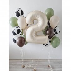 Dvi helio balionų puokštės su karvutės raštu ir skaičiukas