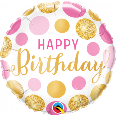 Folinis balionas ''Happy Birthday - rožiniai ir auksiniai taškeliai''