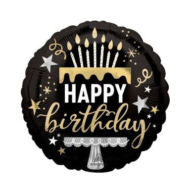 Folinis balionas juodas apvalus ''Happy Birthday''