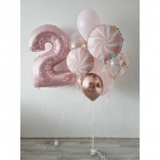 Helio balionų rožinė puokštelė su skaičiuku