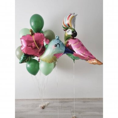 Helio balionų puokštė su tropiniais paukščiais