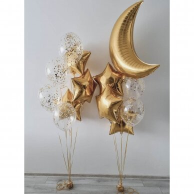 Helio balionų puokštės su žvaigždutėm ir mėnuliu Helio balionų puokštės su žvaigždutėm ir mėnuliu