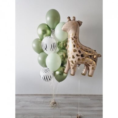 Žalsvų spalvų helio balionų puokštė su žirafa